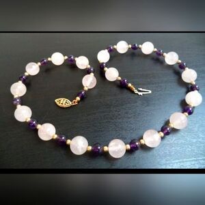 VINTAGE SIGNED GOLD FILLED ROSE QUARTZ & AMETHYST 17" NECKLACE